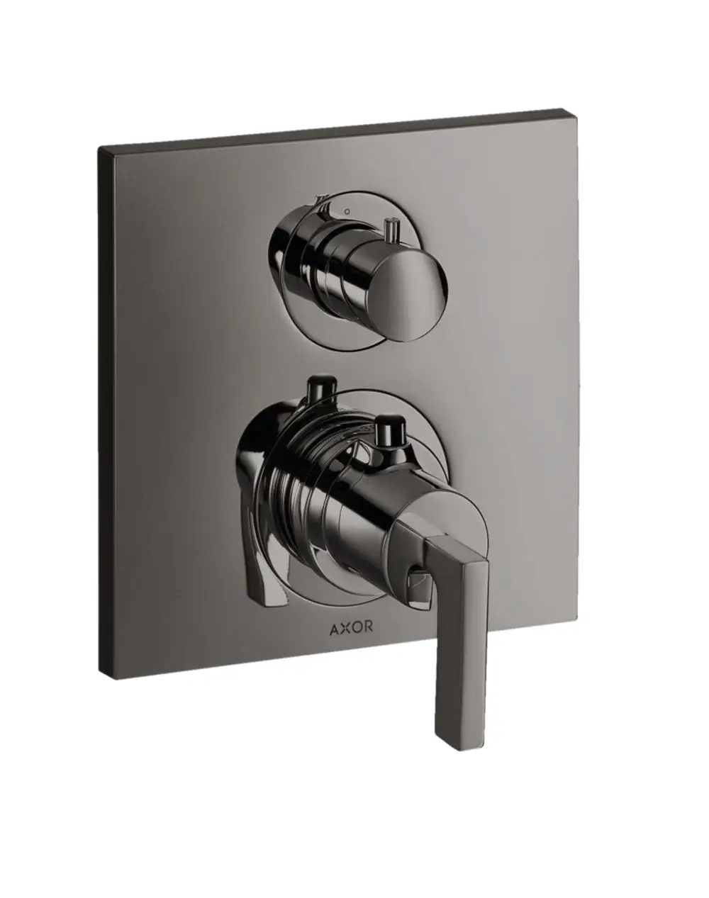 Thermostat-Unterputzarmatur mit Hebelgriff in poliertem Schwarzchrom. Die Armatur zeigt das AXOR-Logo und verfügt über zwei Bedienelemente zur Steuerung des Wasserauslasses.